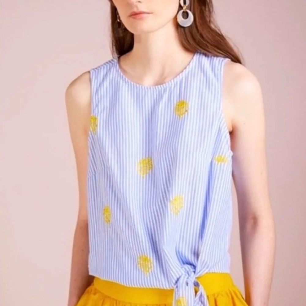 JCREW Embroidered pineapple side-tie top Sz 2 White/Blue